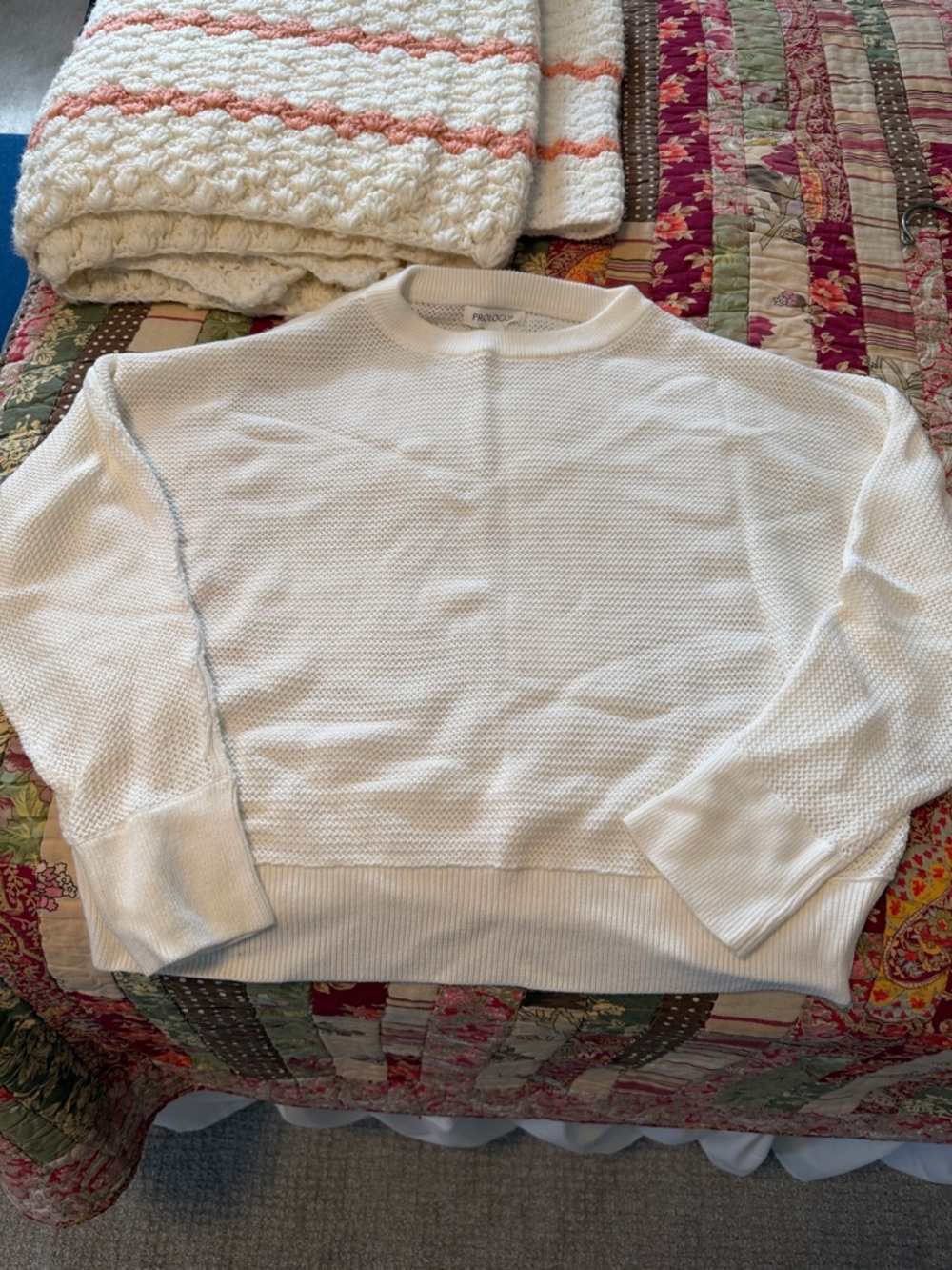 Prologue White Textured Knit Crewneck Sweater